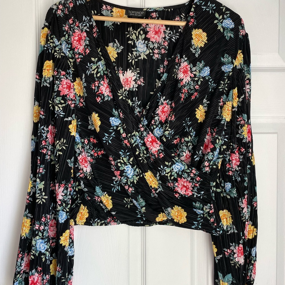 Topshop Pink and Yellow Wrap Blouse Long Sleeve Crop